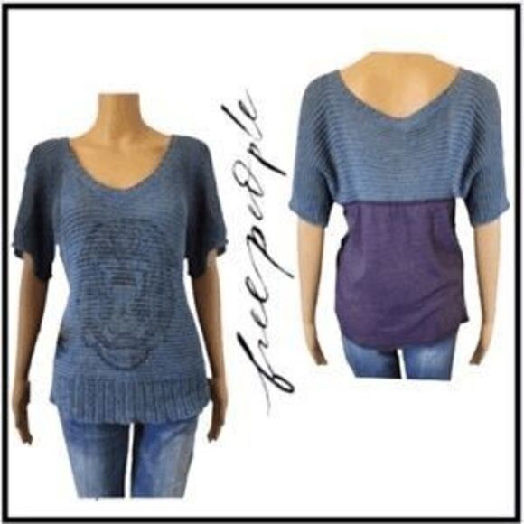 We The Free Sweaters - We the Free People slouchy open weave blue sweater top lion front & back panel M